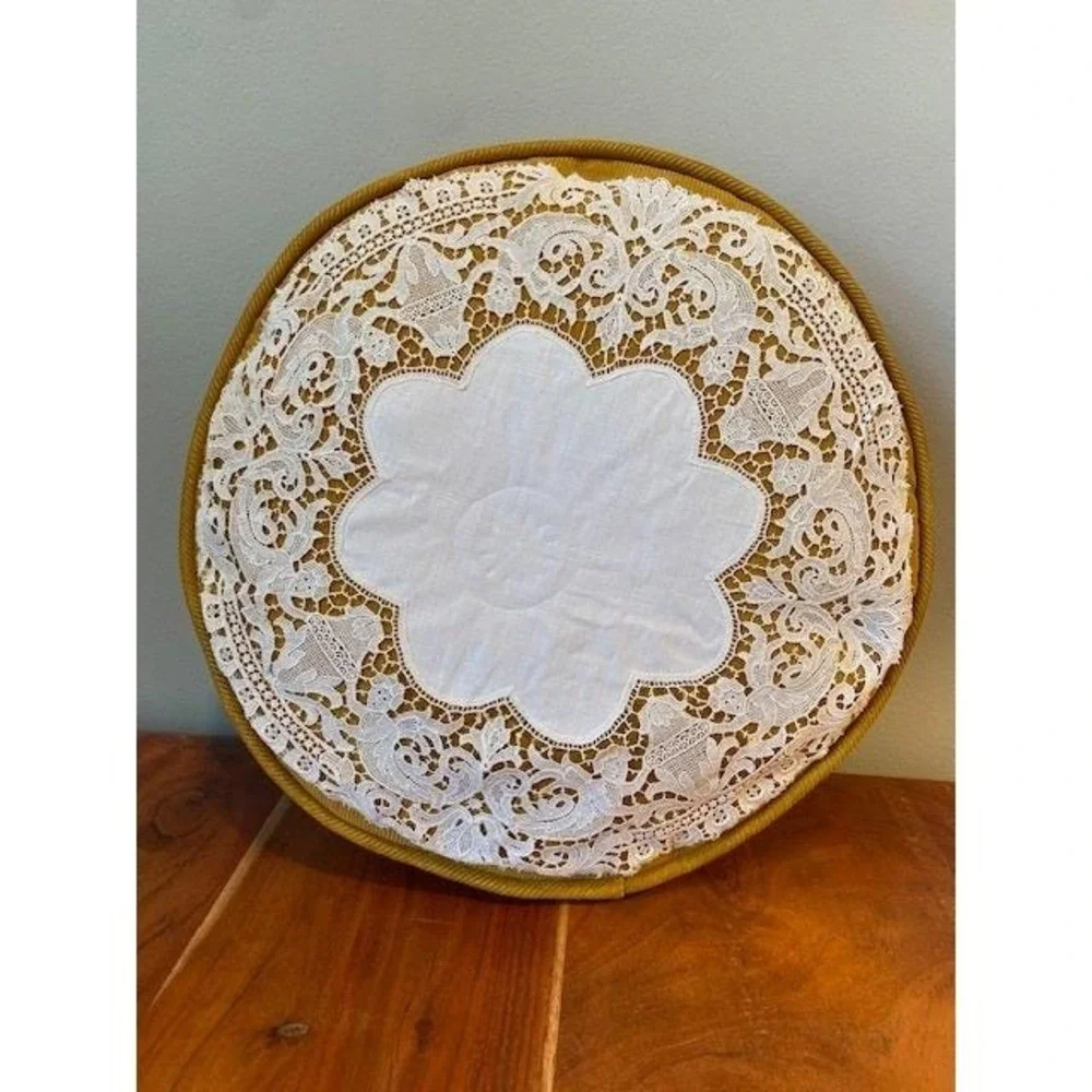 Round Throw Pillow Yellow Corduroy White Lace Accent Cottagecore Vintage Mustard